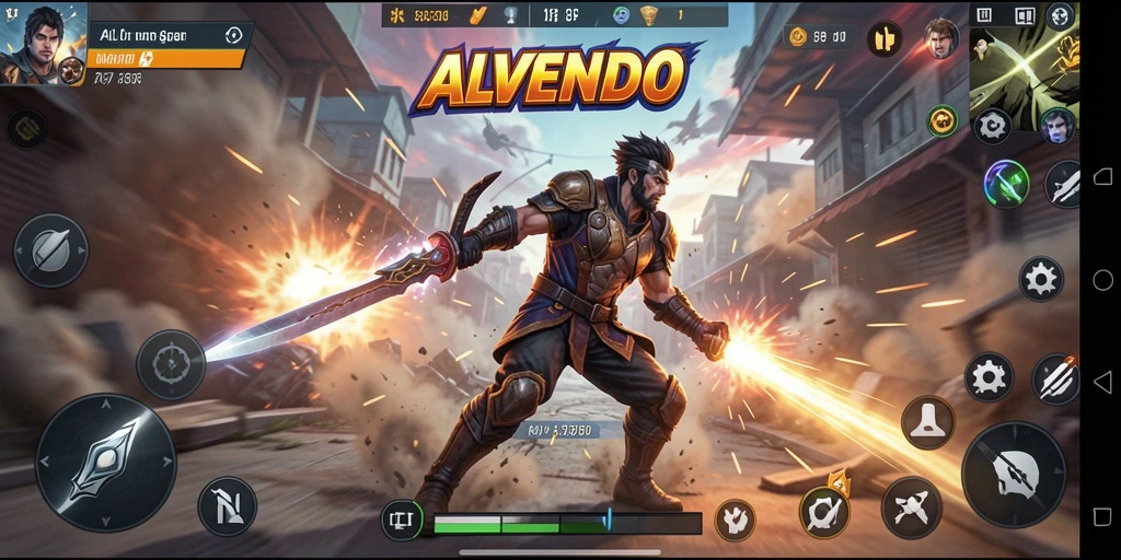 Screenshot gameplay ALVENDO menampilkan karakter bertarung dengan latar belakang yang dramatis.