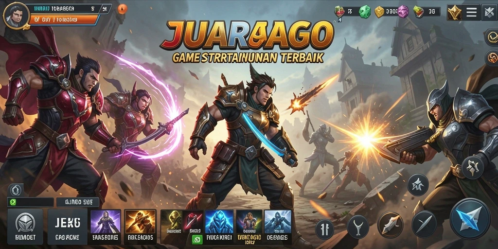 Tangkapan layar gameplay JUARAGO yang menunjukkan pertempuran strategi epik.
