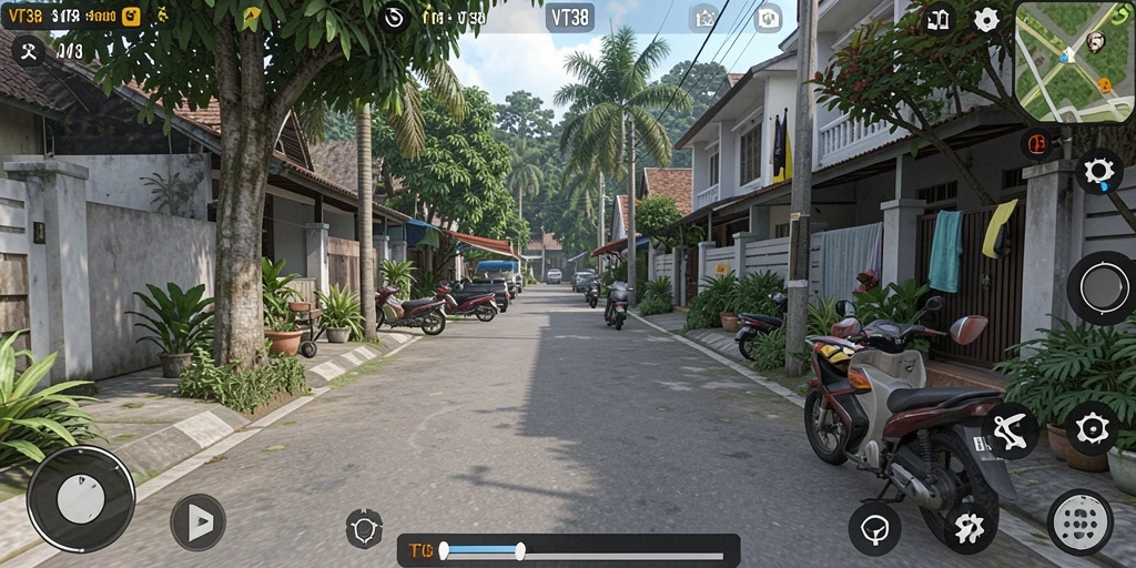 Screenshot utama VT38 menunjukkan gameplay simulasi kehidupan yang mendalam.